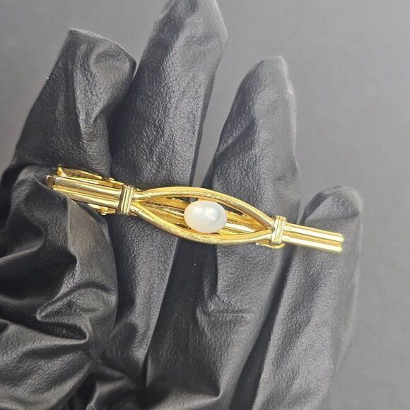 Vintage White Opalescent Glass Mother of Pearl Cabochon Gold Tone Tie Bar Clip - Picture 8 of 8